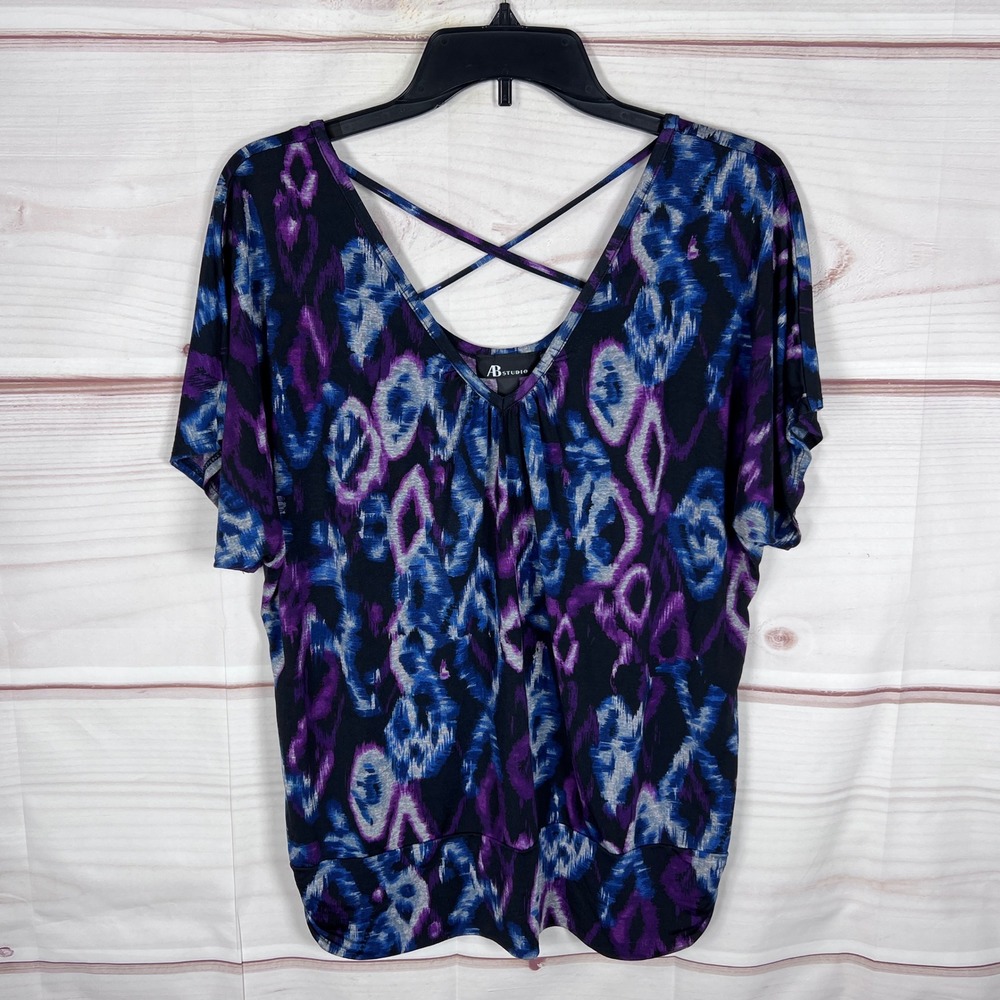 AB Studio Top Women Large Purple Blue Ikat Crisscross Back Dolman Sleeve Blouse